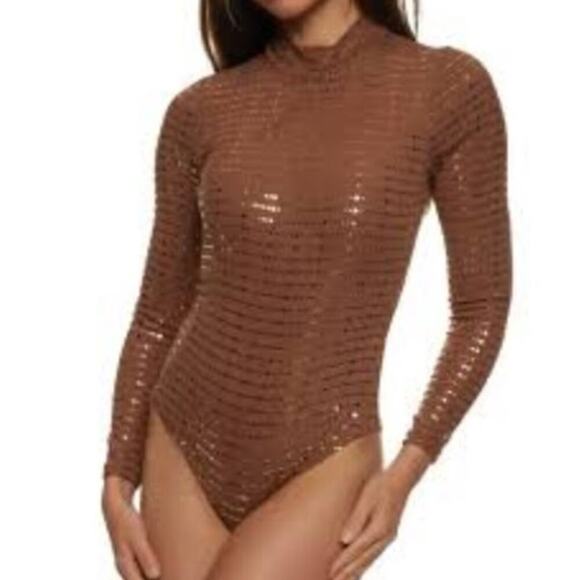 NWT Iris Knit Sequin Long Sleeve Mock Neck Bodysuit Mocha Heat Womens Size Large - Picture 1 of 11